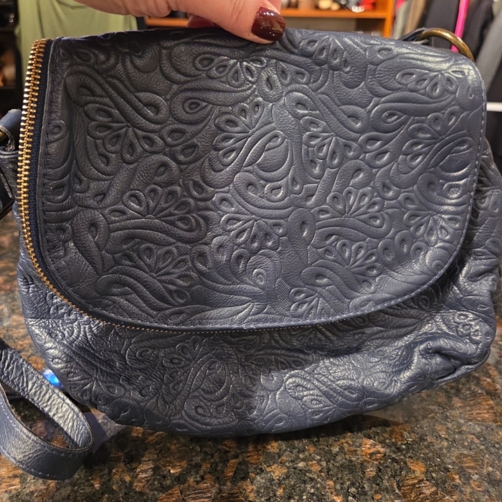 Elegant Navy Embossed Leather Bag With Wallets.